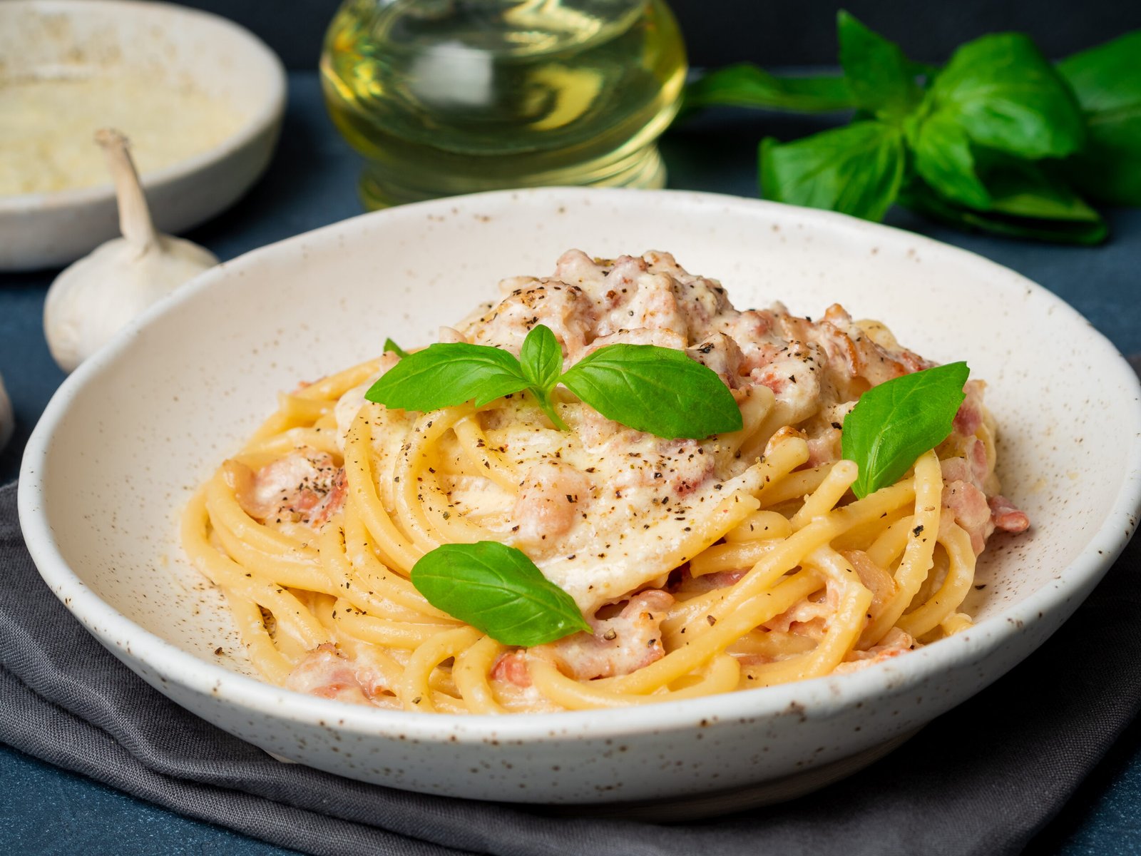carbonara pasta. spaghetti with pancetta, egg, parmesan cheese